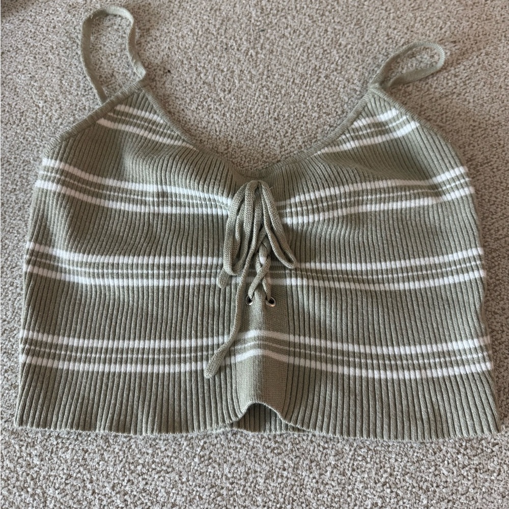 Striped Knit Crop Top - Green and White